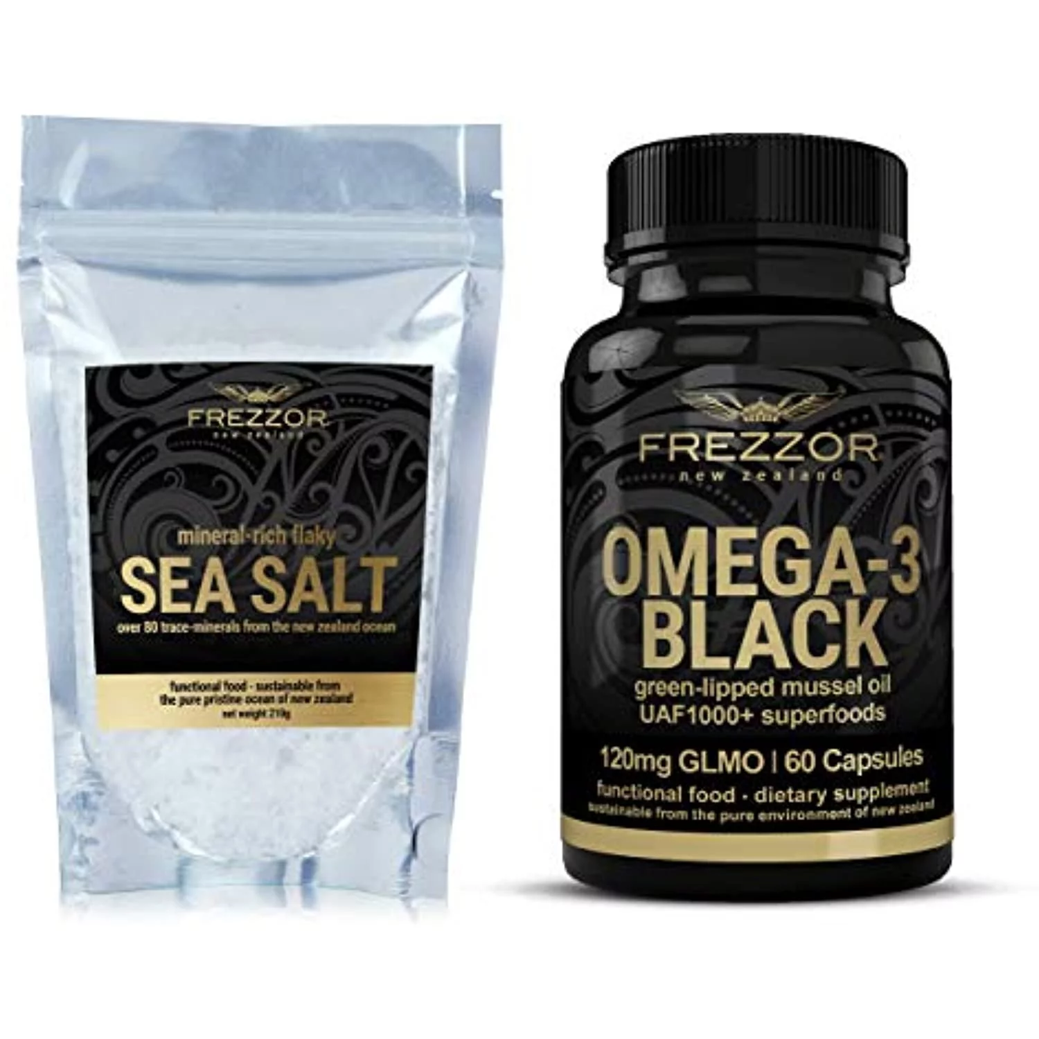 FREZZOR Mineral-Rich Flaky Sea Salt Combo-Pack with Omega-3 Black, 1 Jar, 60 Capsules