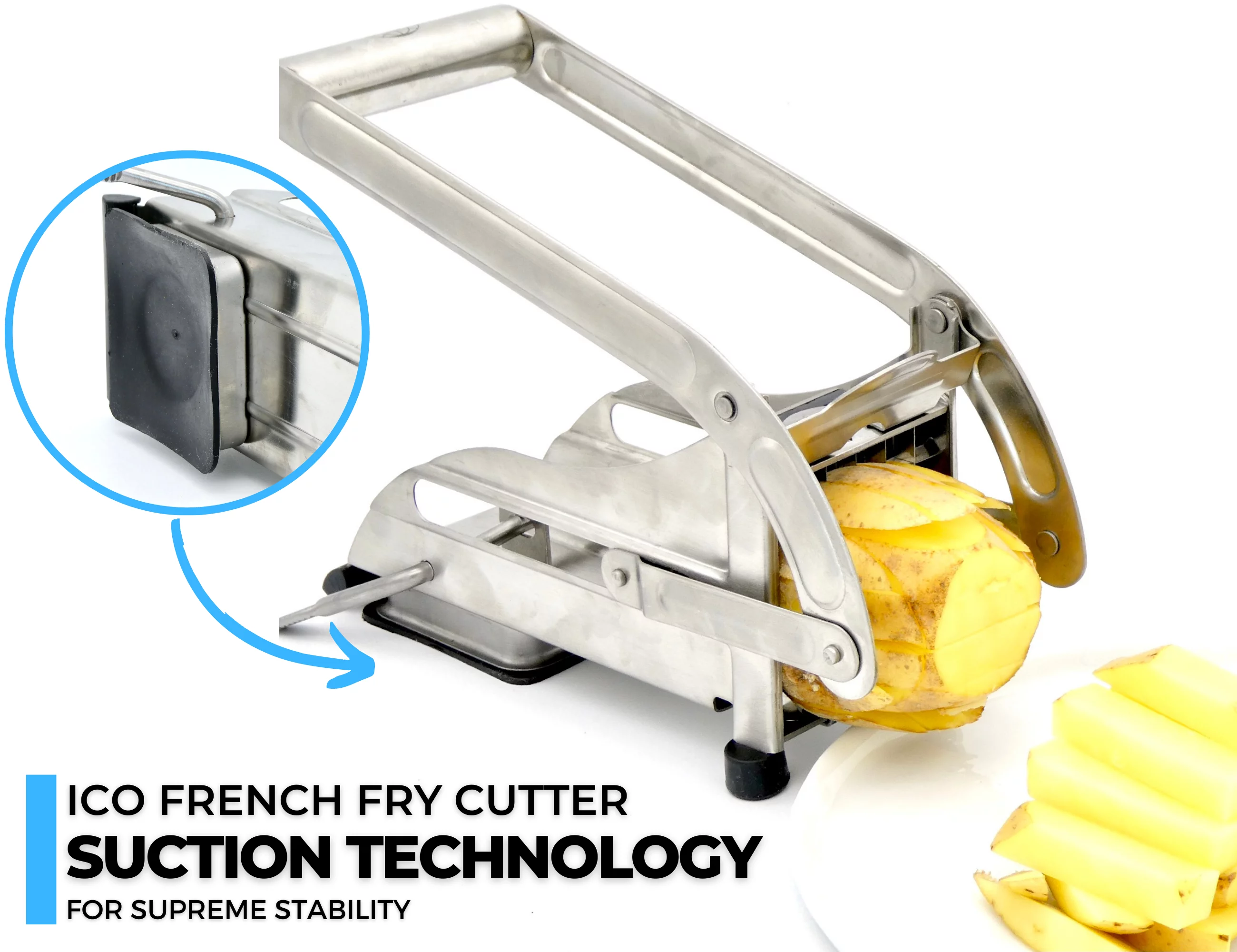 ICO French Fry Cutter, Professional Potato Slicer, 1/2 and 1/3-Inch Blades, No-Slip Suction Technology, Vegetable Chopper, Air Frier Accessory, Keto Friendly Zucchini Fries Maker, Stainless Steel