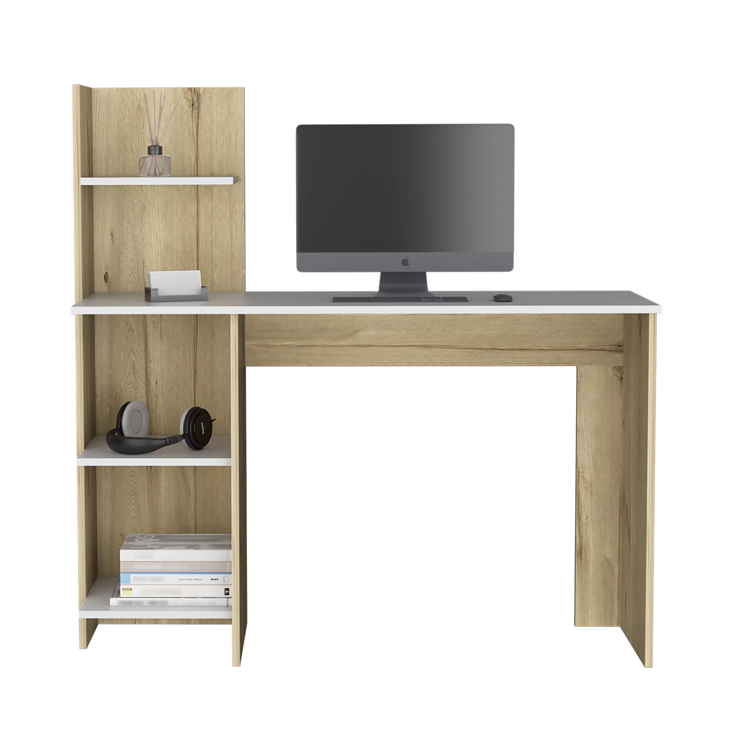 CoSoTower Desk Wichita, Four Shelves, Light Oak / White Finish