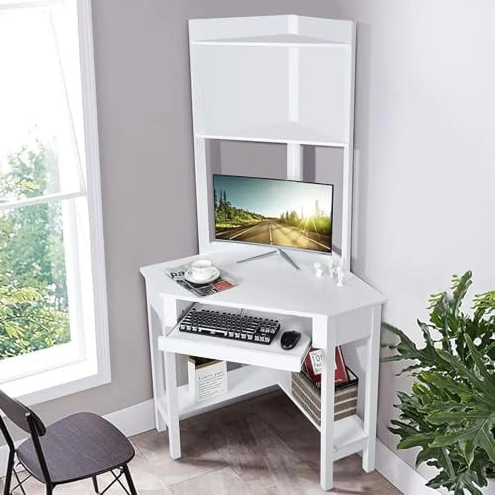 HOOMHIBIU Corner Desk with Hutch  Desk with Shelves with Keyboard Tray; Bookshelves for Small Space  Space Saving Corner Writing Desk with  Shelves for Bedroom(White)