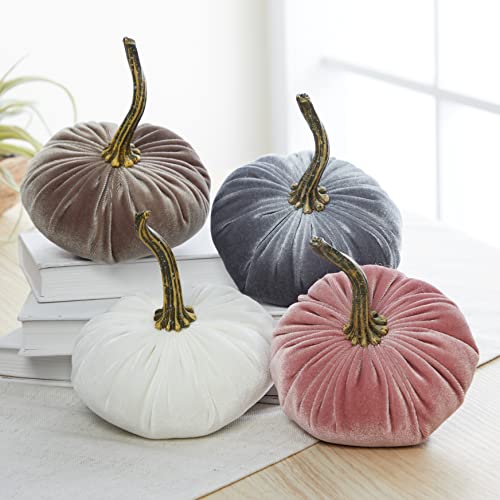 Set of 3 Velvet 6.25 Inch Pumpkins, fall decor, cozy autumn vibe, tiered tray tablescape, elegant accent decor, Thanksgiving centerpiece, neutral mantel decor (Gray, Taupe, Ivory)