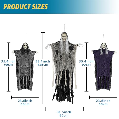 Halloween Decorations Outdoor/Indoor,Set of 3 Scary Hanging Ghosts,Halloween Grim Reaper Skeleton, Scary Party Decorations,Haunted House Decor for Yard/Lawn/Garden.