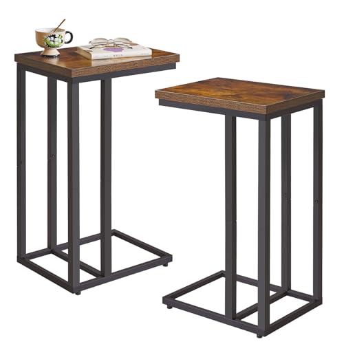Side Table Small End Table C Shaped, Slide Under Laptop Desk for Couch, Living Room Side Table Set of 2, TV Trays for Eating on Couch, Faux Marble+Black YD-TM051B-2