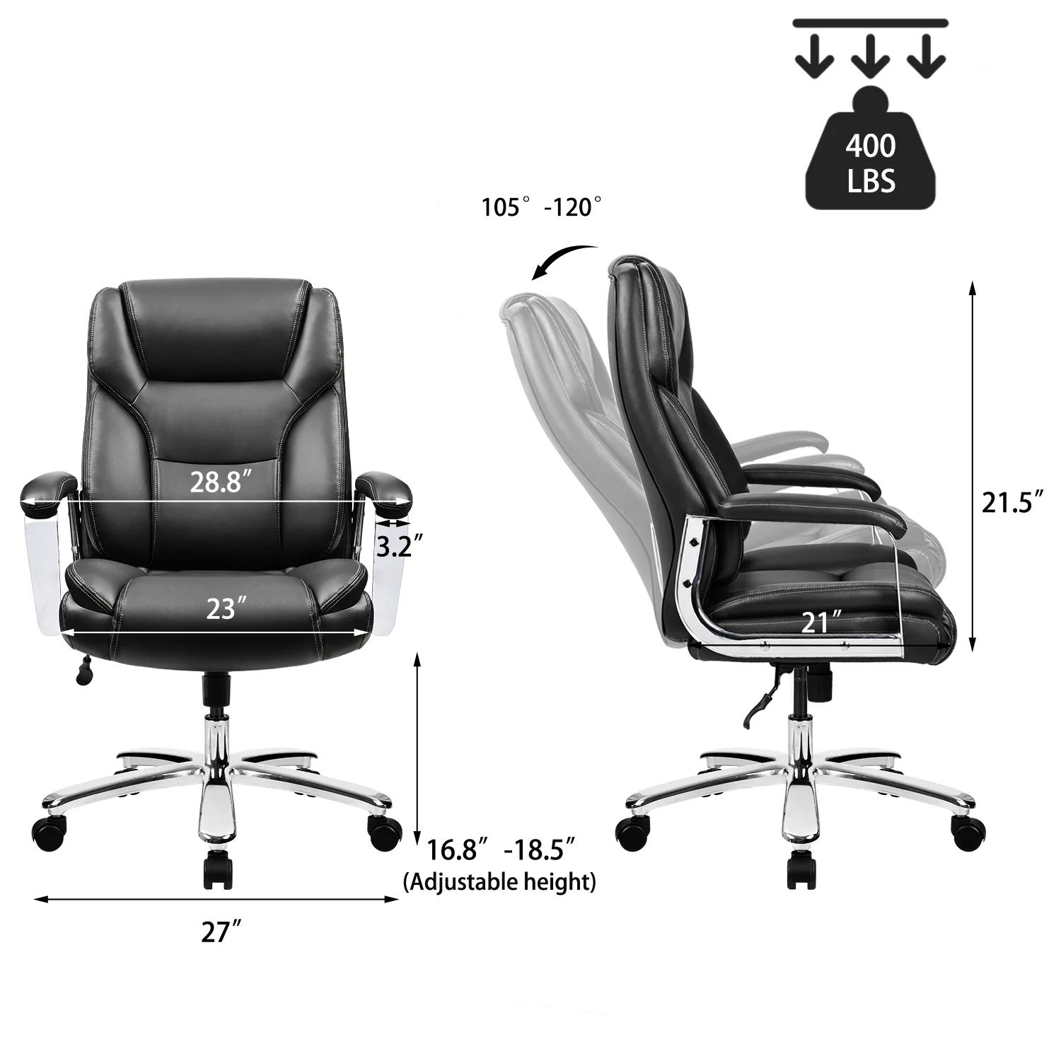Lacoo Big and Tall Executive Chair High-Level Thick Padded Ergonomics Chair High Back Office and Commercial Chair With PU Leather (Black)