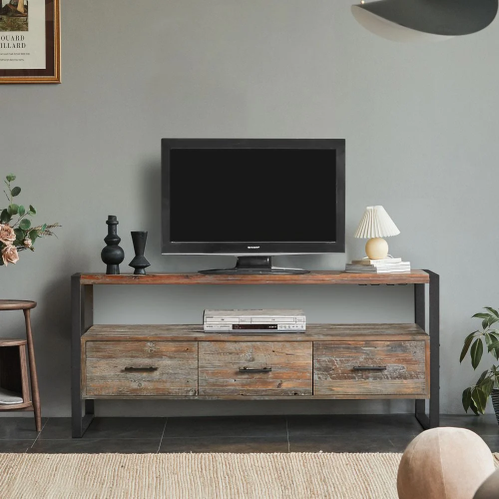 60 Inch Reclaimed Wood Media Tv Console Table With 3 Drarwer, Open Shelf, Antique Finish