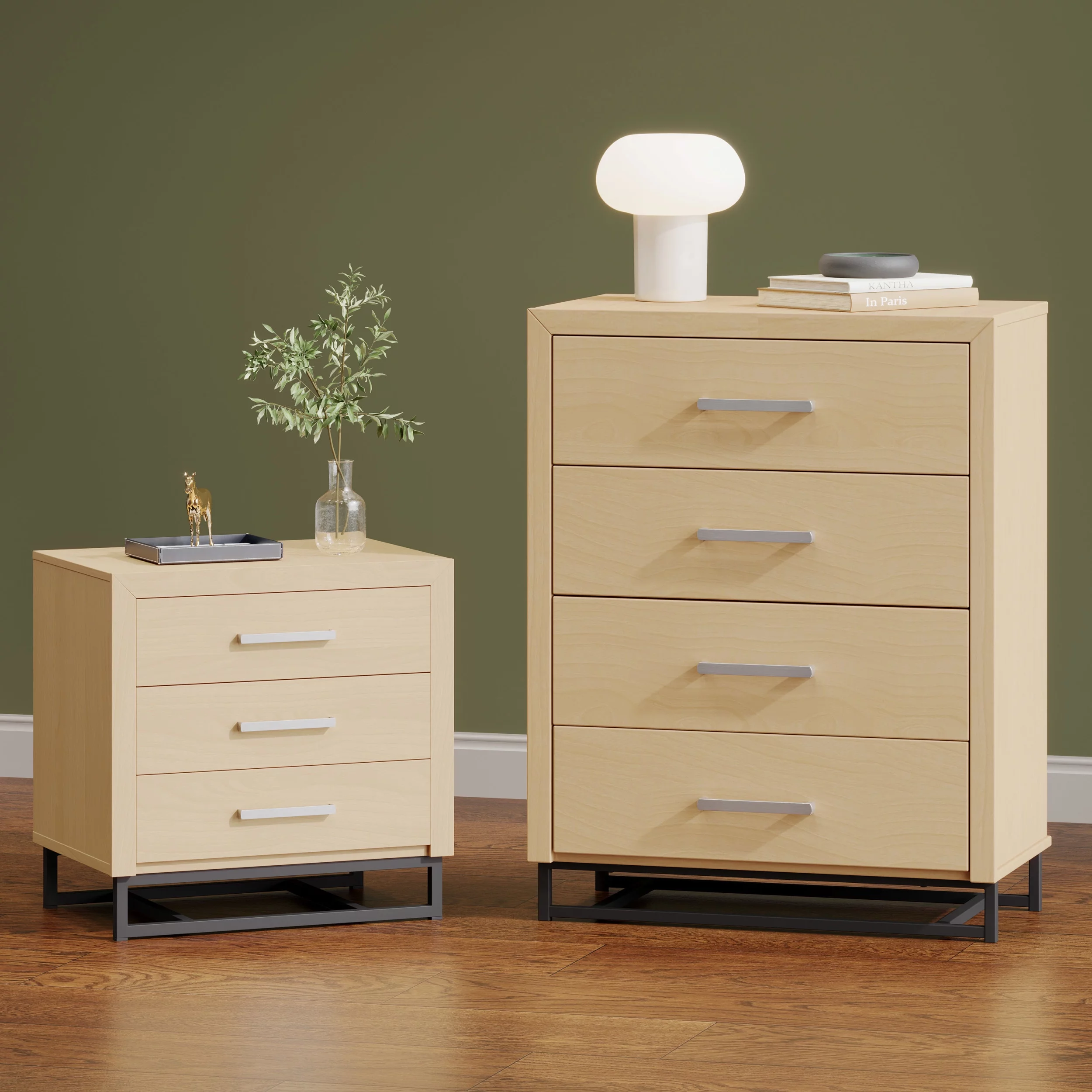 Noble House Cayuga Faux Wood 2 Piece 4 Drawer Dresser and Nightstand Bedroom Set, Natural and Black