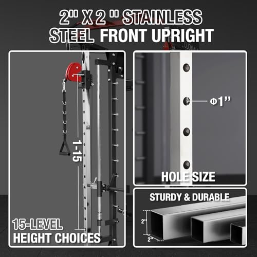 Mikolo Smith Machine, 2200lbs Squat Rack with LAT-Pull Down System & Cable Crossover Machine, Power Cage with Leg Hold-Down Attachment, Red