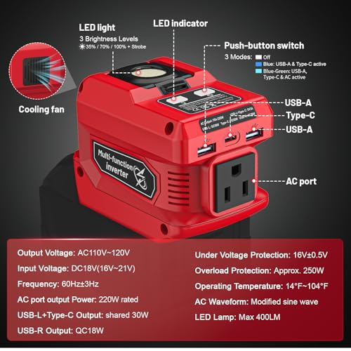 220W Power Inverter Compatible with Dewalt 20V Battery, DC 20V to AC 110V Portable Power Station with 1 AC Outlet, 2 USB Ports & 1 Type-C Fast Charging, 400LM LED Work Light