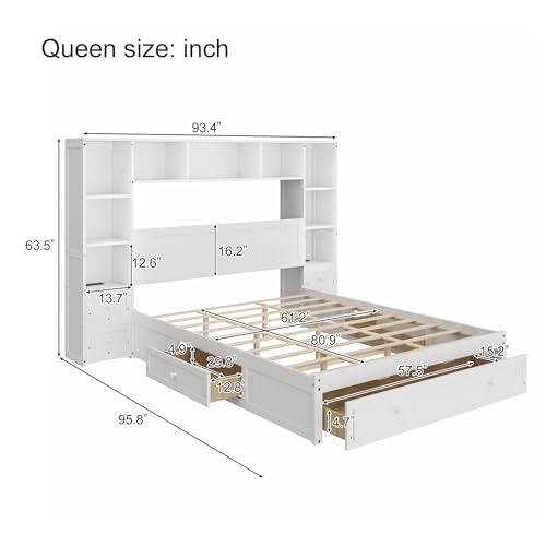 Full Size Platform Bed with Bookcase Headboard and Drawers, Wood Platform Bed Frame with All-in-One Cabinet and Storage, Full Captain Bed with Charging Station, No Box Spring Needed, White