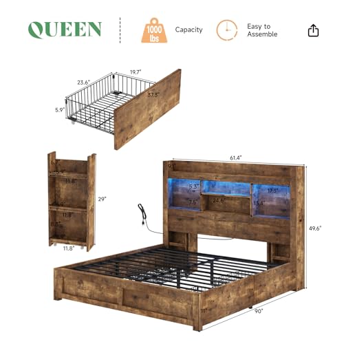 AMERLIFE Queen Bed Frame with 4 Storage Drawers, LED Platform Bed with 49