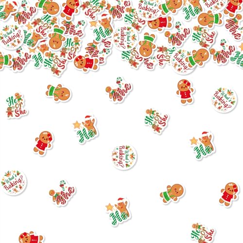 Christmas Gender Reveal Decorations, 200Pcs Gingerbread Man Confetti Red Green, Double-Printed Gingerbread He Or She What's Baking Confetti for Winter Christmas Gender Reveal Baby Shower
