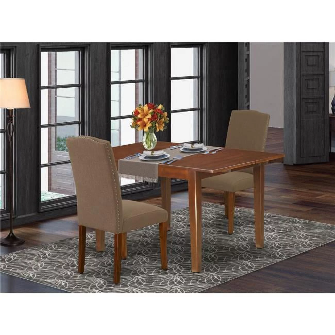 42-54 in. Milan Rectangular Dining Room Table with 12 in. Butterfly Leaf & Parson Chair with Mahogany Leg & Linen Fabric - Dark Coffee, 3 Piece