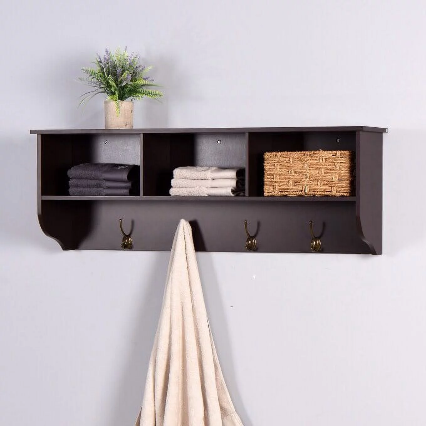 Espresso Wooden Entryway Wall Mounted Coat Rack with 4 Dual Hooks and Storage Shelf