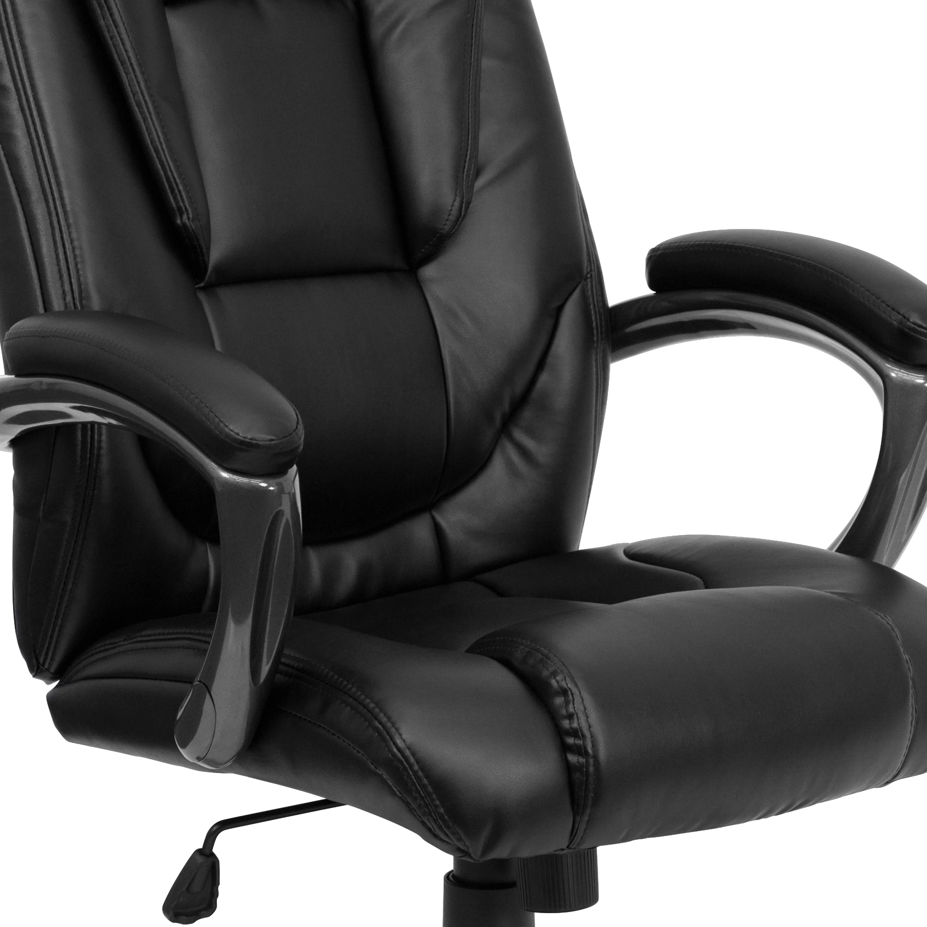 BizChair High Back Black LeatherSoft Layered Upholstered Executive Swivel Ergonomic Office Chair with Smoke Metal Base and Arms