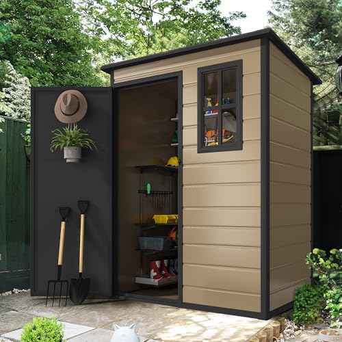 DWVO 5x3ft Resin Outdoor Storage Shed with Floor, Waterproof Lockable Storage Shed with Window, Plastic Outside Tool Storage for Garden, Backyard, Patio, Lawn, Gray