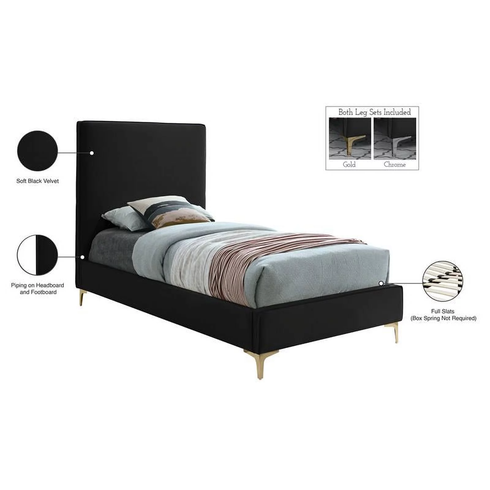 Meridian Furniture Geri Black Velvet Twin Bed with Gold and Chrome Legs Included