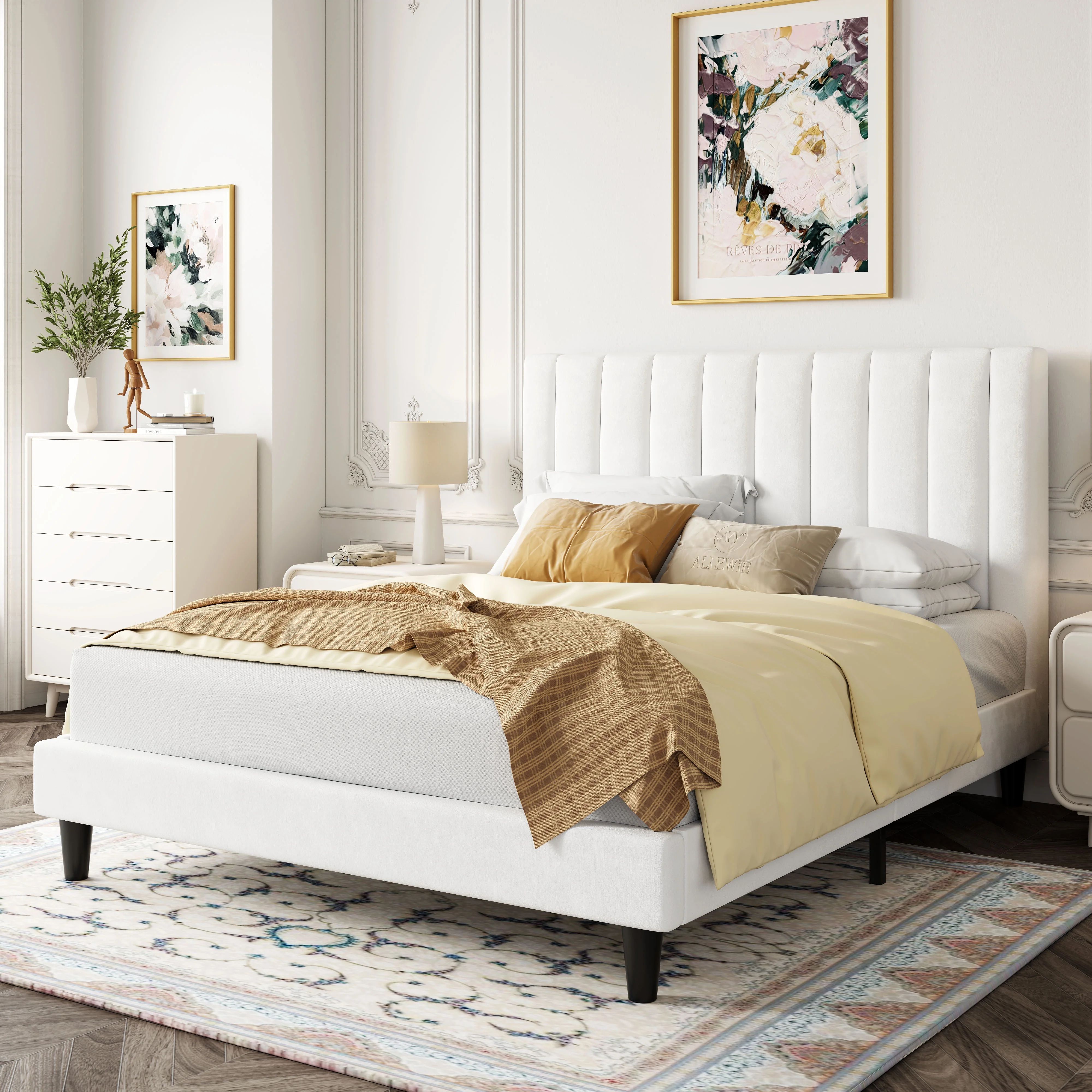 Allewie Queen Size Velvet Upholstered Bed Frame with Vertical Channel Tufted Headboard, White