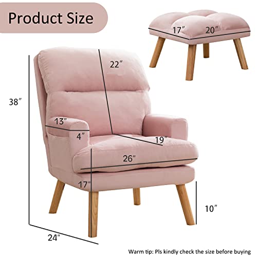 INZOY Accent Chairs with Ottoman, Velvet Fabric Armchair with Ottoman for Bedroom Living Room, Mid Century Modern Chair with Adjustable Backrest and Side Pockets, Beige