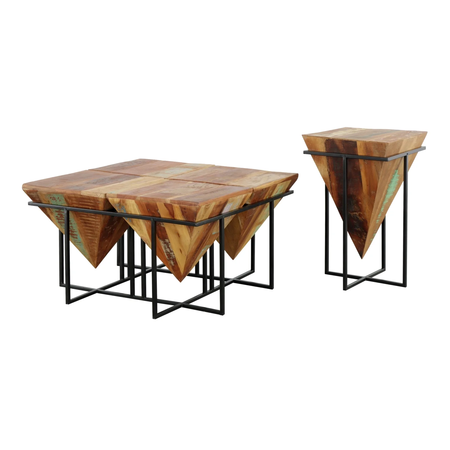 Coast to Coast Scarlett Midcentury Reclaimed Wood & Iron Square Pyramid Cocktail Table