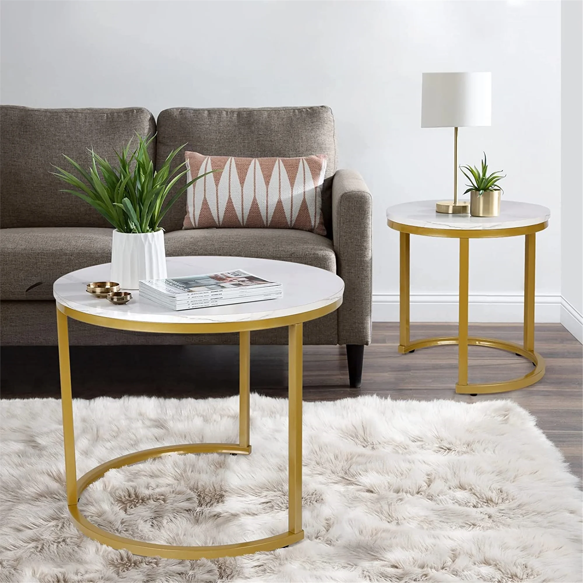 Modern Round Nesting Tables with Metal Frame (Set of 2) (White & Black)
