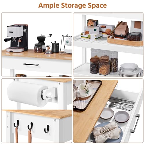 Yaheetech Kitchen Island Cart on Wheels with Bamboo Tabletop, 3-Tier Rolling Kitchen Island Microwave Cart with Drawer, Detachable Towel, 3 Hooks, 17