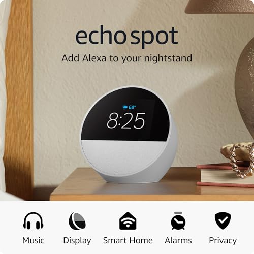 Amazon Echo Spot (newest model), Great for nightstands, offices and kitchens, Smart alarm clock with Alexa, Black