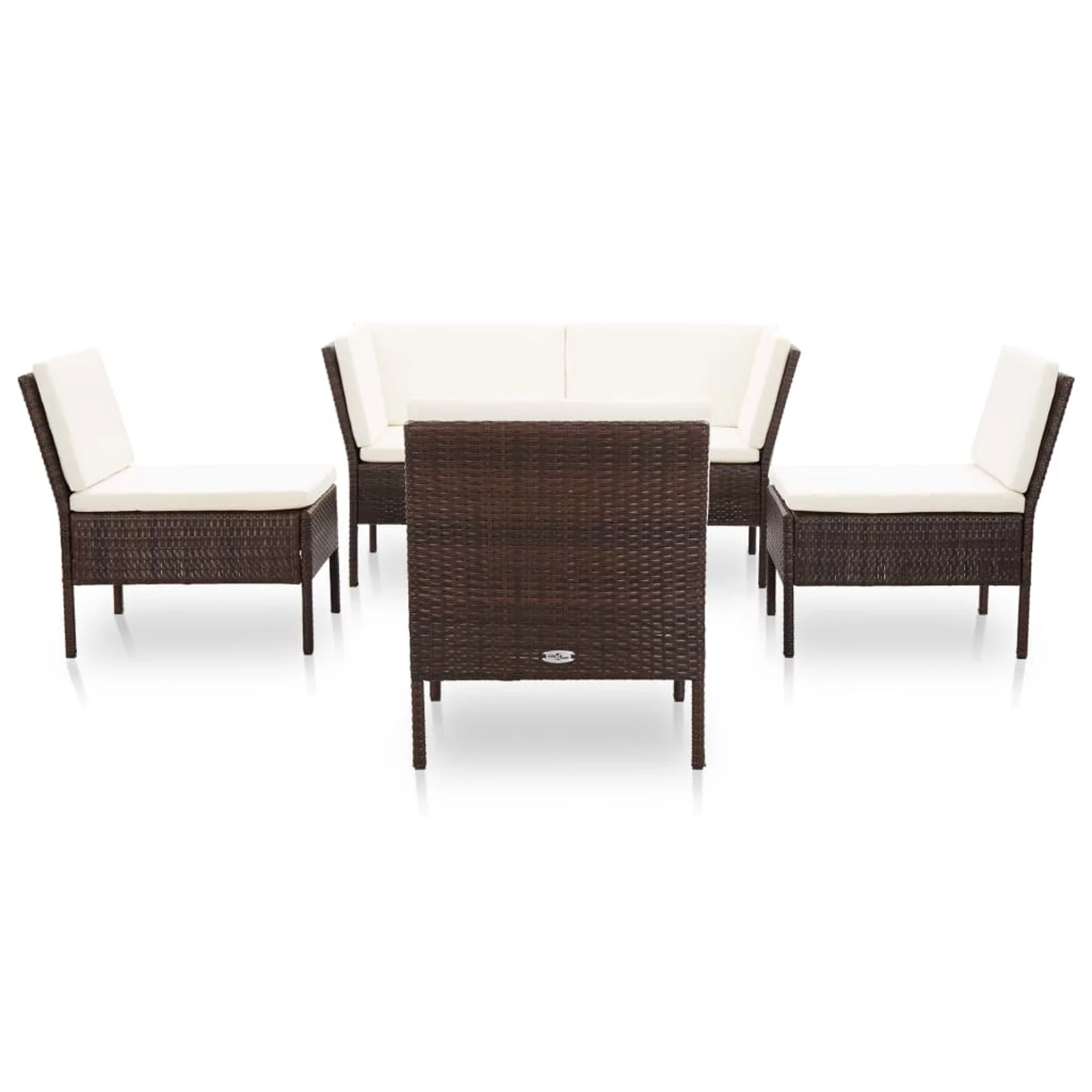 Dcenta 6 Piece Outdoor Conversation Set White Cushioned 2 Corner with 3 Center Sofas and Coffee Table Brown Poly Rattan Patio Sectional Set for Garden, Backyard, Balcony, Terrace Furniture