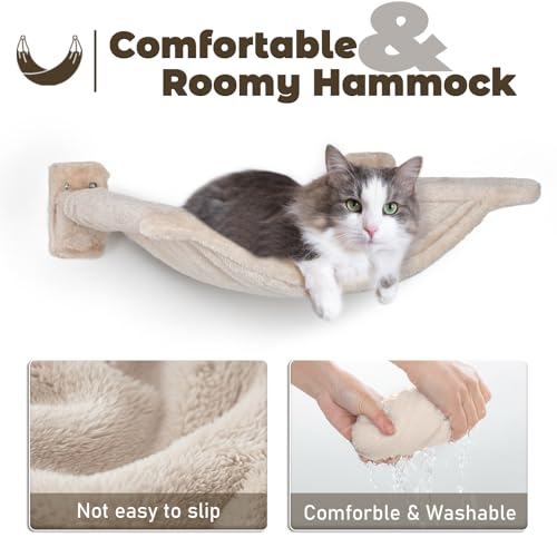 Cat Wall Shelves - 5 Pcs Wall-Mounted Cat Furniture Tree Climbing Wall, Including 2 Steps, 1 Perches, 1 Hammock, 1 Sisal Scratcher Post, DIY Playground for Large Cats