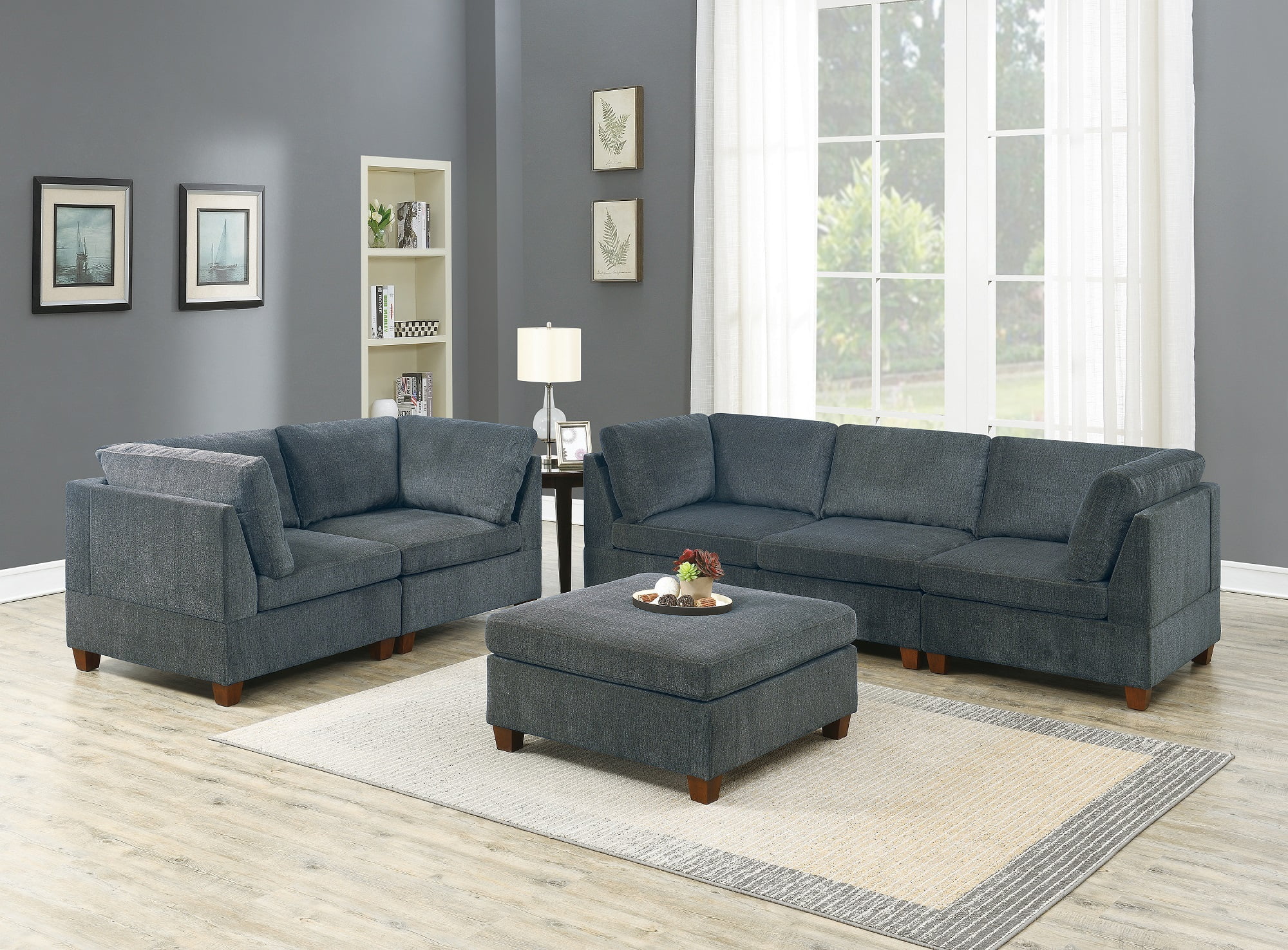 Unique Modular 6pc Sofa Set Grey Chenille Fabric Wood Legs 4 x Corner Wedge 1x Armless chairs and 1 x Ottoman Living Room