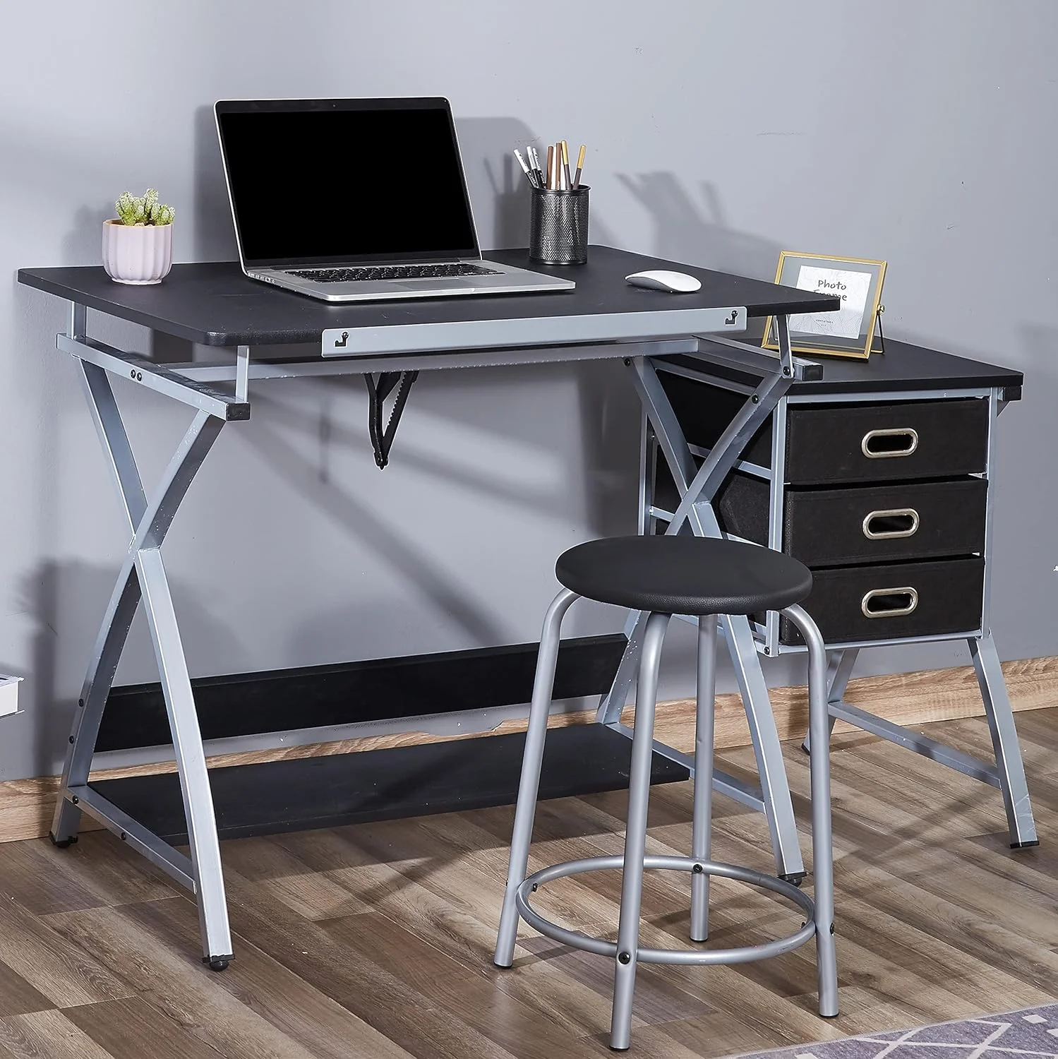 Adjustable Drafting Table For Artists With Stool, Sturdy X-Cross Metal Frame Drawing Table With Storage Drawers, Art Desk With Tilted , Craft Station Writing Computer Desk, Black