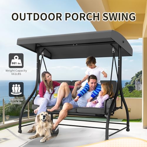 3-Seat Outdoor Porch Swing Glider with Adjustable Canopy, Patio Swings Bed with Removable Cushion for Porch, Backyard, Garden, Poolside, Balcony - Gray