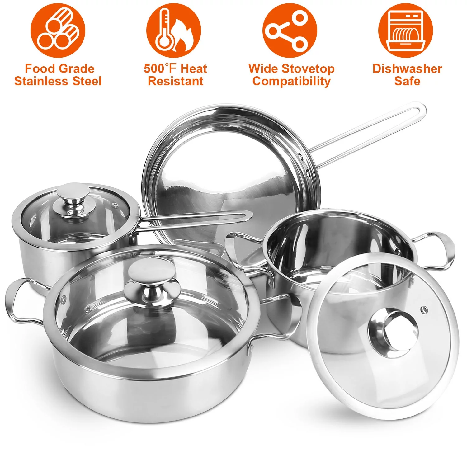 Stainless Steel Cookware Set, iMounTEK Fast Even Heat Induction Pots Pans Set Dishwasher Safe with 2 Stockpot, 1 Saucepan, 1 Frying Pan, Chef's Classic Stainless Cookware-Collection