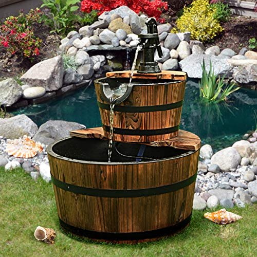 Giantex 2-Tier Barrel Waterfall Fountain Outdoor, Rustic Wood Barrel Cascading Water Fountain with Electric Pump, Outdoor Water Feature with Decorative Hand for Garden Patio Backyard Lawn Porch