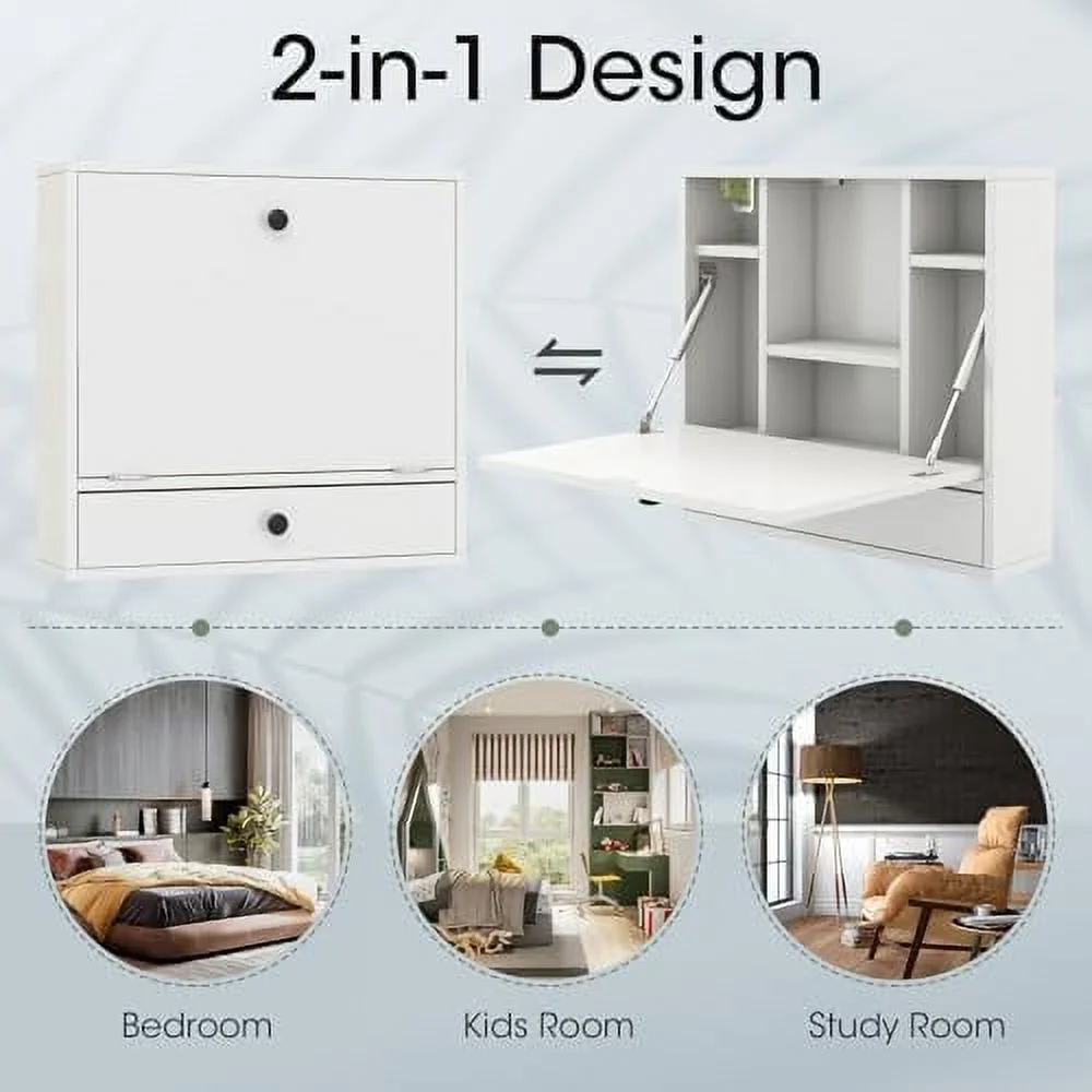 HJNIUNIU Wall Mounted Desk  Multi- Floating Desk Wall Mount Laptop Desk  Space Saving Wall Mounted Table Wall Desk with  Drawer and Shelves (Black)