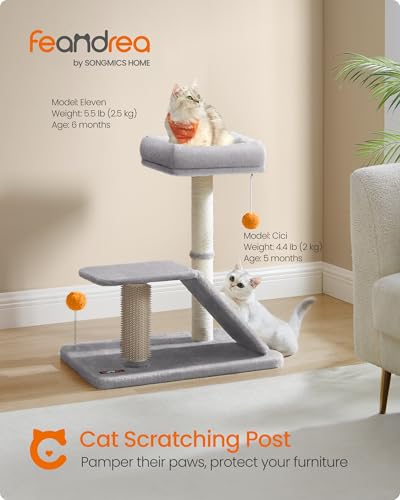 Feandrea Cat Scratching Post with Bed, Multifunctional Cat Scratcher with Perch, Rotatable Ramp, Self-Groomer, Pompoms, Small Cat Tree for Indoor Cats, Dark Gray UPCA024G02
