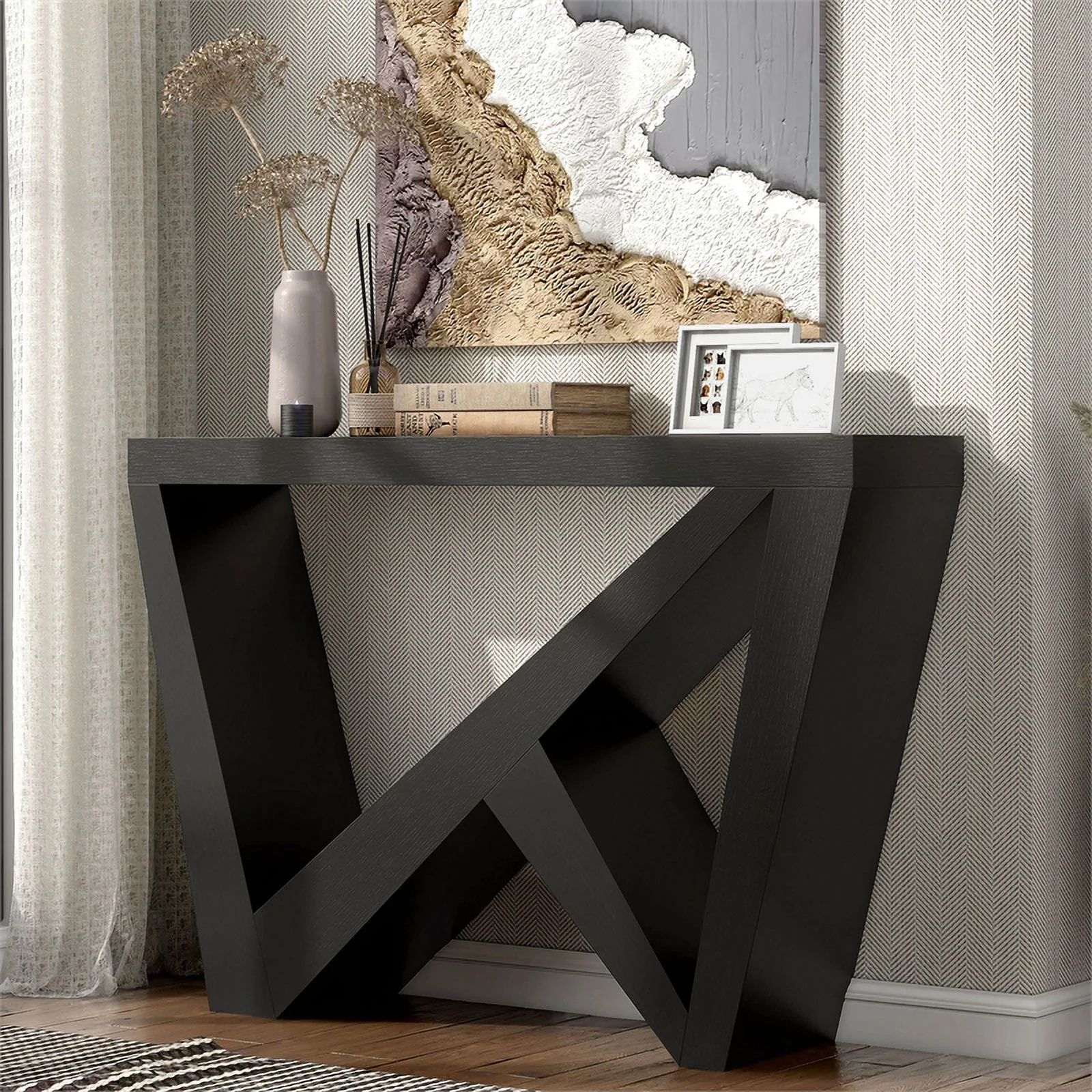 Bowery Hill Wood W-Shaped Legs Console Table in Black Finish
