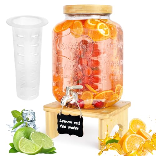 2 Gallon Drink Dispenser with Stand，Glass Beverage Dispenser With Wood Stand, 18/8 Stainless Steel Spigot and Labels Large Water Drink Dispensers for Parties, Lemonade,Juice, Tea