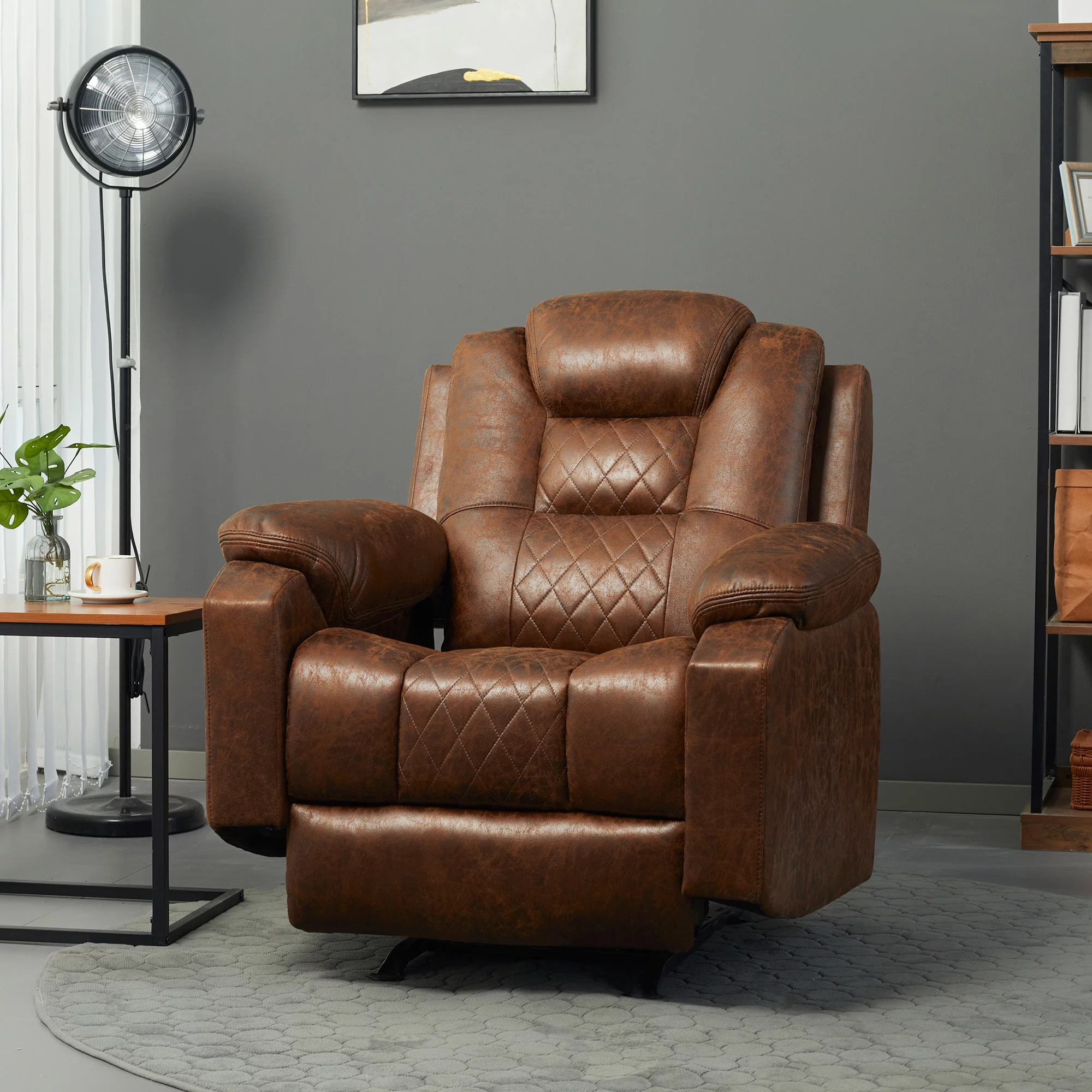 HOMCOM Overstuffed Manual Recliner Chair with Thick Sponge Padded Headrest and Armrest, and Rocking Function, Brown