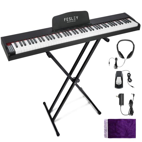 Fesley Weighted Piano Keyboard 88 Keys: Full Size Electric Keyboard Piano for Beginners, Portable 88 Key Keyboard with Daul Speaker,Sustain Pedal,Power Adapter,Support Bluetooth,USB MIDI,FEP300, Brown