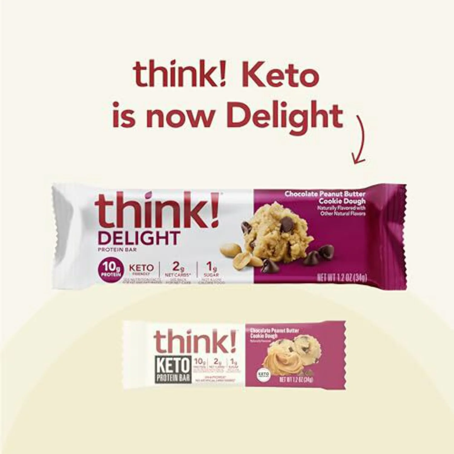 Think ! Keto Protein Bars, Chocolate Peanut Butter Cookie Dough, 10 Bars, 1.2 oz (34 g) Each