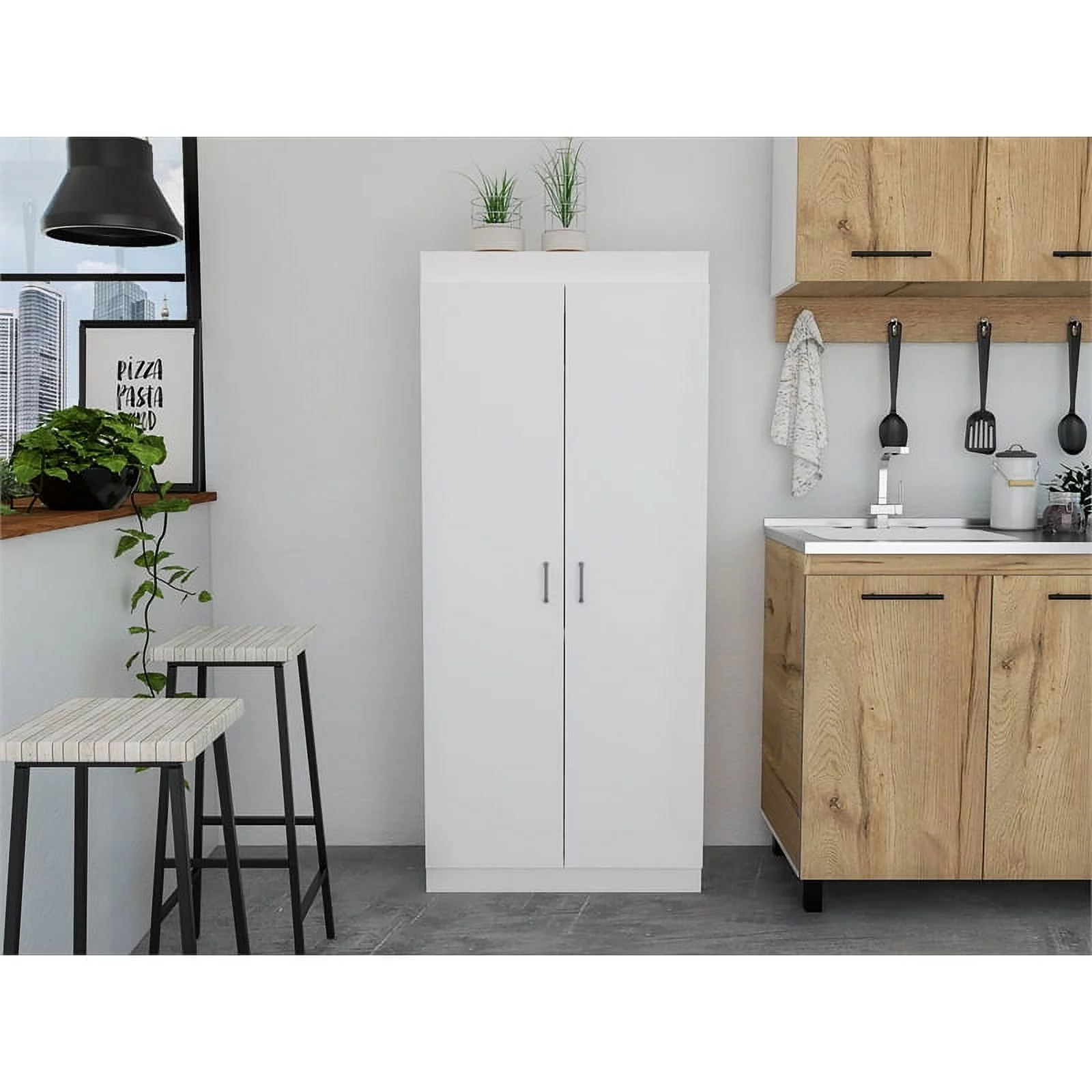 Pemberly Row 5-Shelf Modern Engineered Wood Pantry Cabinet in White