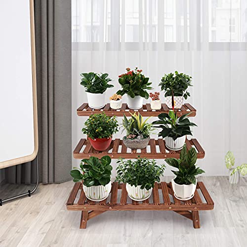 Ufine Freestanding 3 Tier Ladder Shelf Wood Plant Stand Indoor Outdoor Plant Display Rack Flower Pot Holder Planter Organizer
