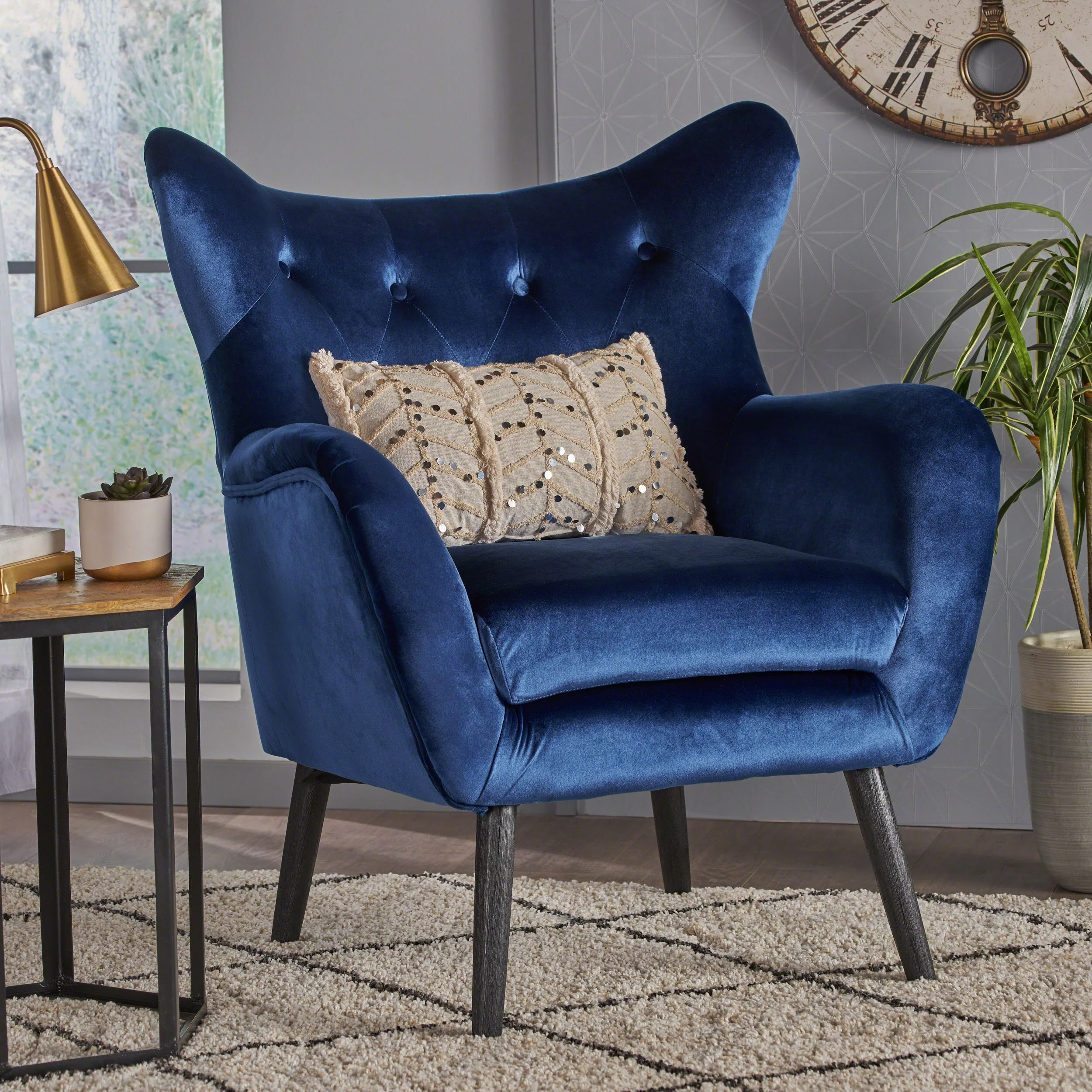Bellamy Studios Mid Century Velvet Wingback Chair, Navy Blue