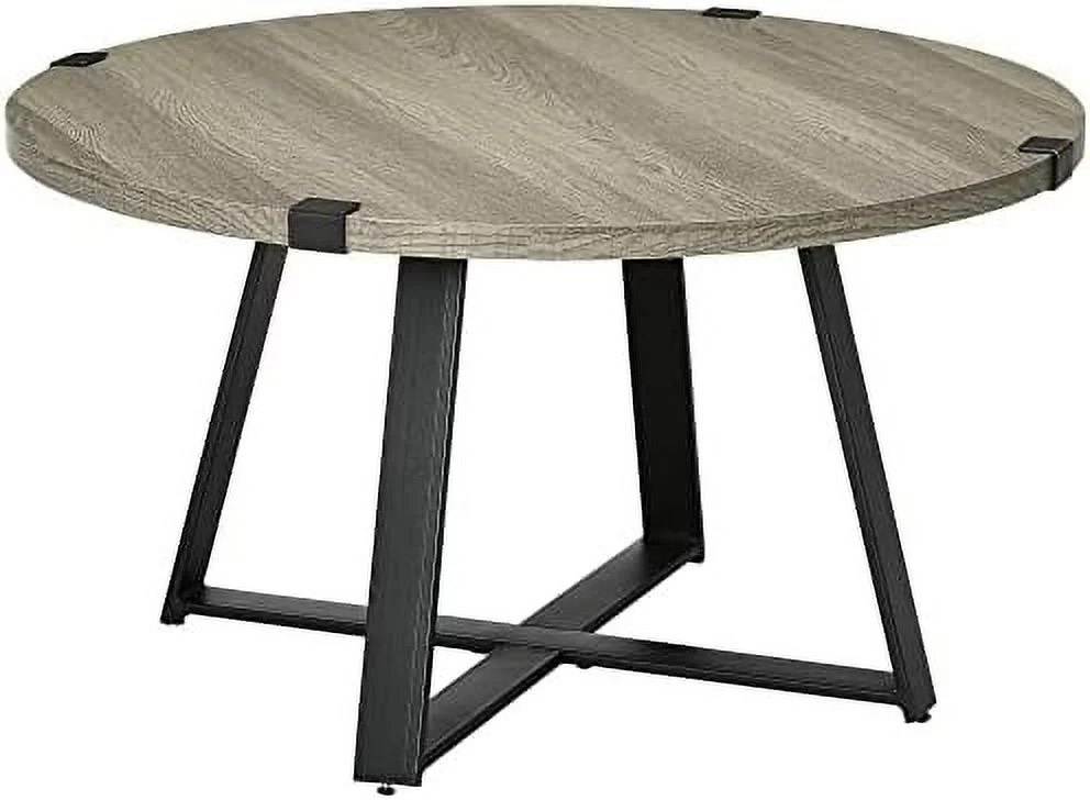 Round Coffee Table, Center Table Steel Legs Living Room Furniture, Wooden Coffee Table, Light Gray