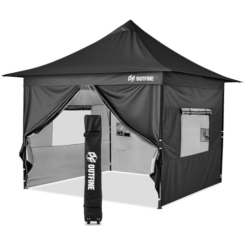OUTFINE Heavy Duty Canopy 10x10 Pop Up Commercial Canopy Tent with 3 Side Walls Instant Shade, Bonus Upgrade Roller Bag, 4 Weight Bags, Stakes and Ropes (White, 10 * 10FT)