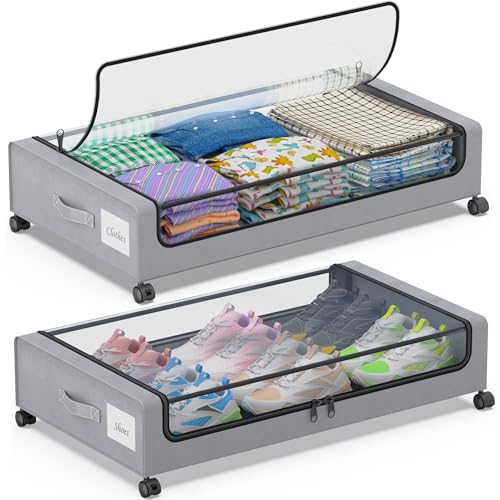 Under Bed Storage with Wheels, 2-Pack Under Bed Storage Containers with Clear Lids, XXL 60L Under the bed storage Organizer Bins, Rolling Under Bed Metal Drawer for Clothes,Shoes,Toys (Black, 2 Pack)