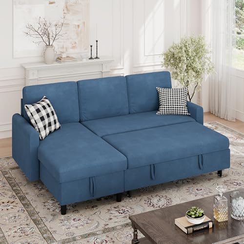 Walsunny Sectional Sofa Couch Bed L Shaped Sleeper Sofa Bed Pull Out Bed with Storage, Reversible Sectional Couches for Living Room, Apartment, Office(Blue)