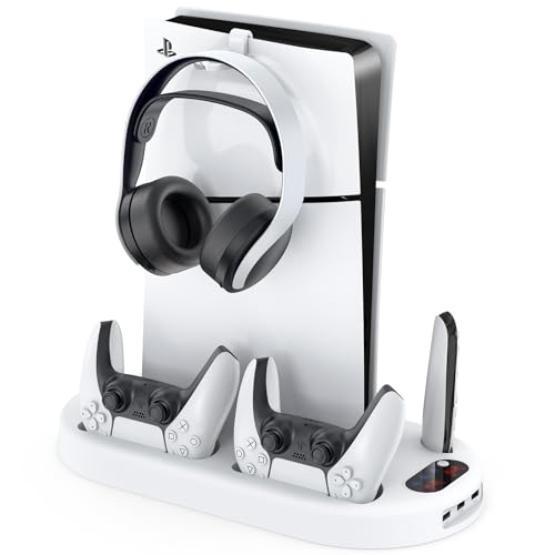 AMZDM Cooling Station PS5 Slim Stand PS5 Pro Cooling Fan with Charging Station PlayStation 5 Console Cooler with Docking Station Controller Charger PlayStation 5 Pro & Slim Disc & Digital White