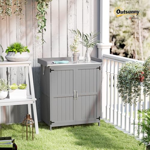 Outsunny Outdoor Storage Cabinet, Garden Tool Shed with Metal Tabletop and Shelf, Wooden Potting Bench with 2 Doors for Backyard, Patio, Lawn, Natural Wood