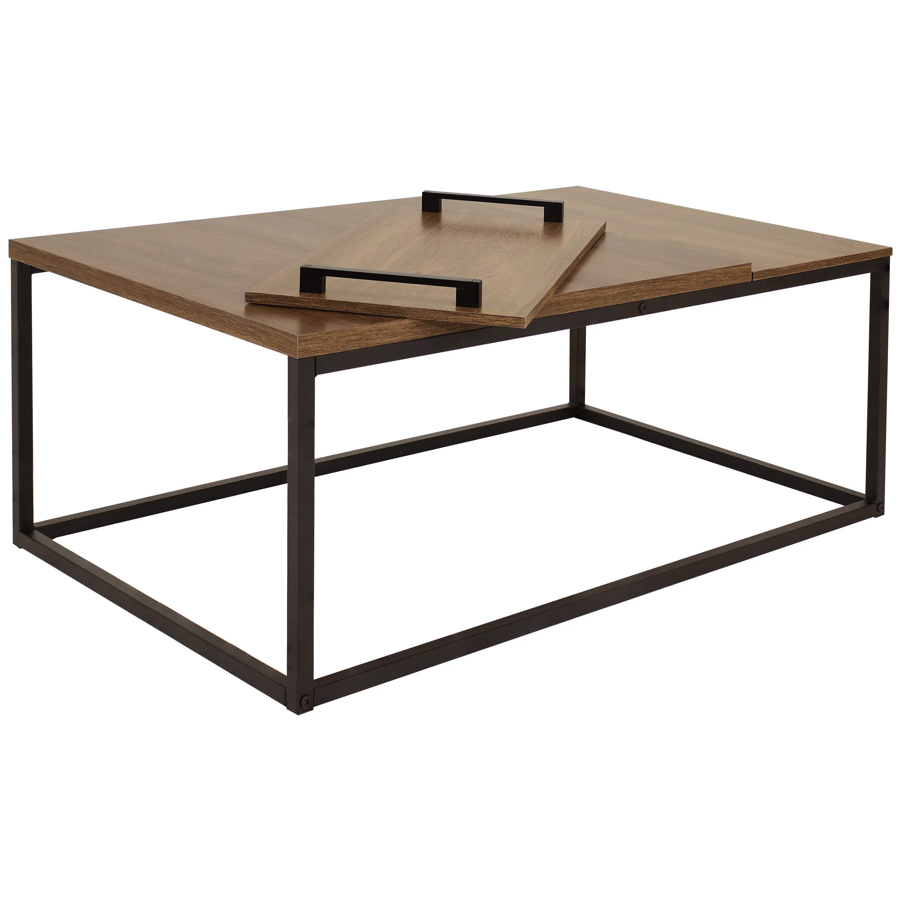 Sunnydaze Industrial-Style Coffee Table with Removable Serving Tray - MDP Construction with Powder-Coated Steel Frame - Brown